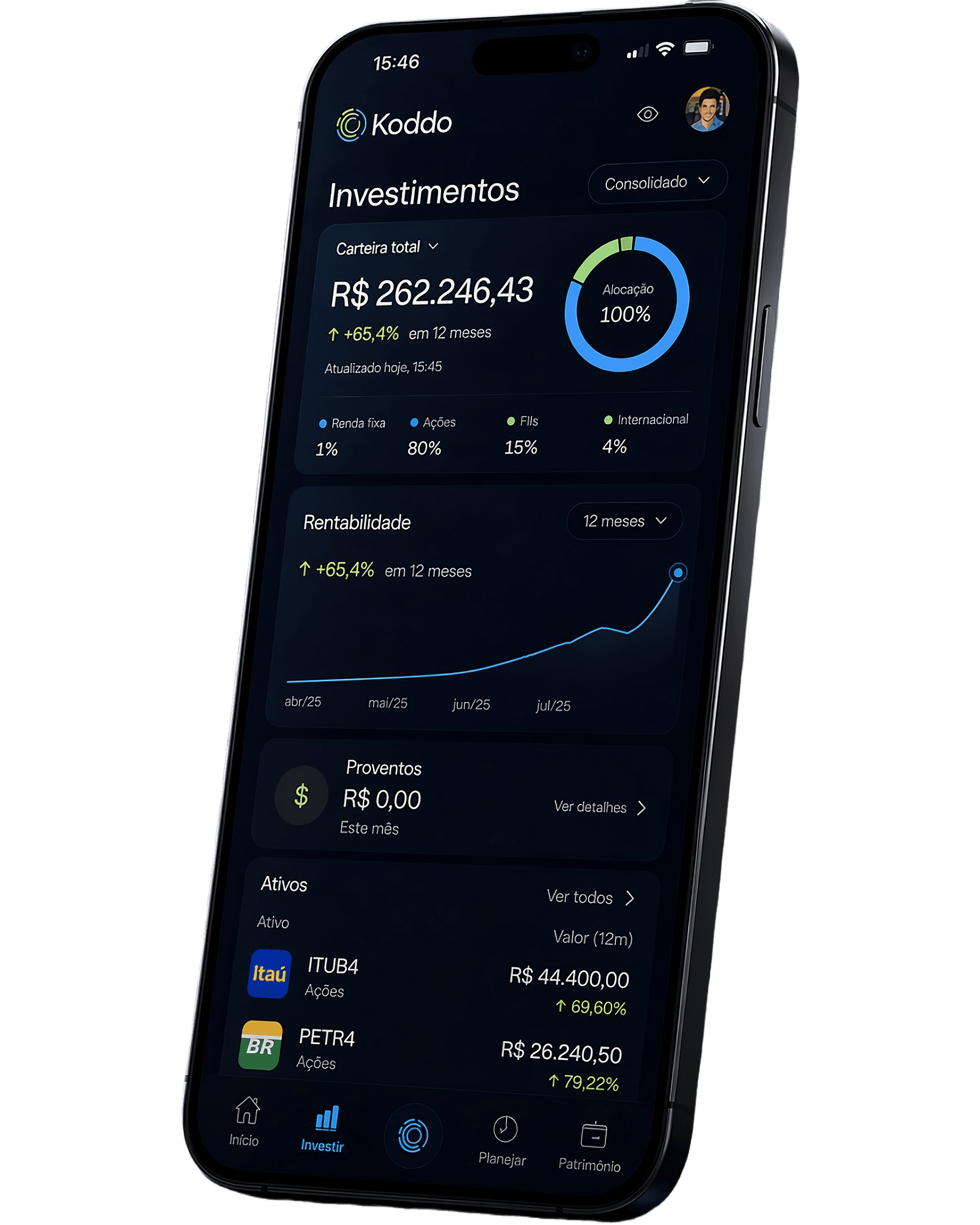 App Koddo mostrando investimentos e rentabilidade